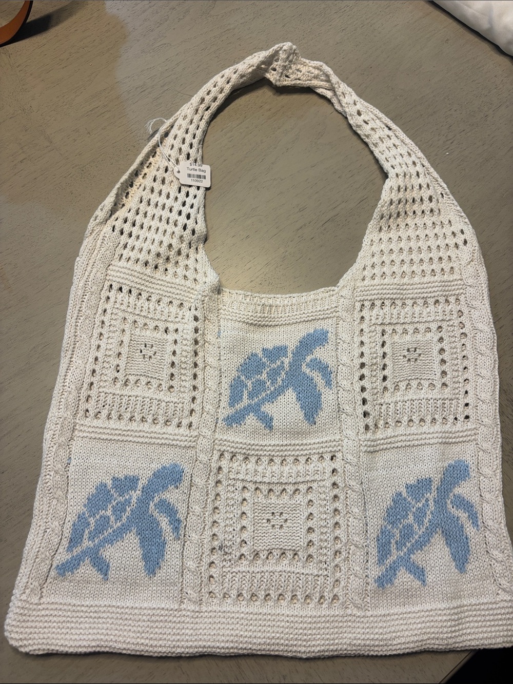 White Knit Tote Bag with Light Blue Turtle Motifs